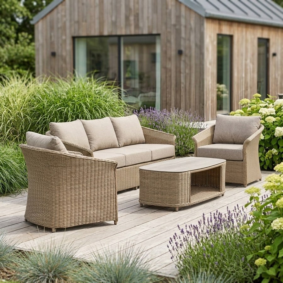 Maderia Udendørs Loungesæt i Polyrattan med Hynder fra Lexpo Living | Beige/Neutral | Loungesofa + 2x Loungestole + Sofabord - Billede 2